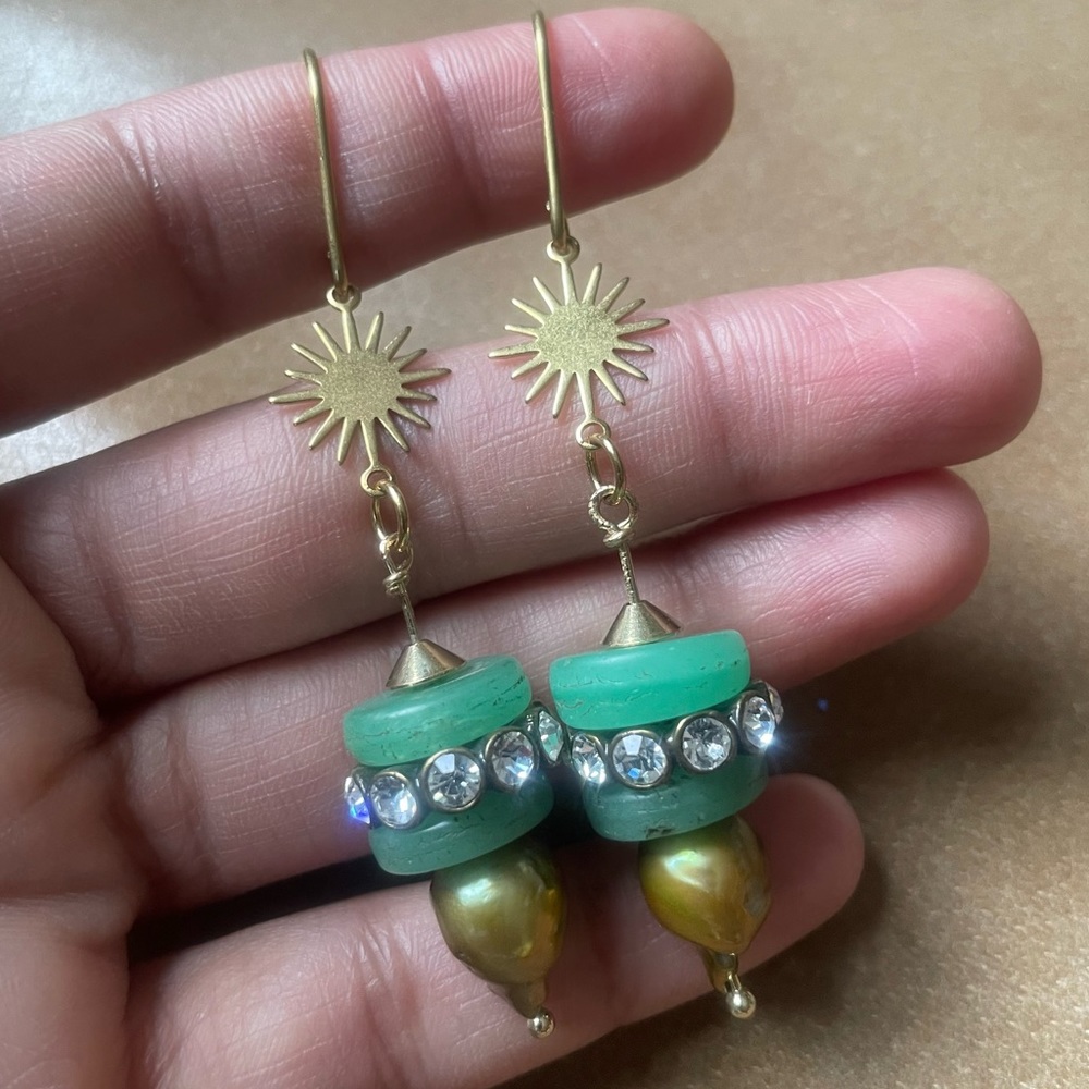Baroque freshwater pearl glass bead and rhinestone charm earrings